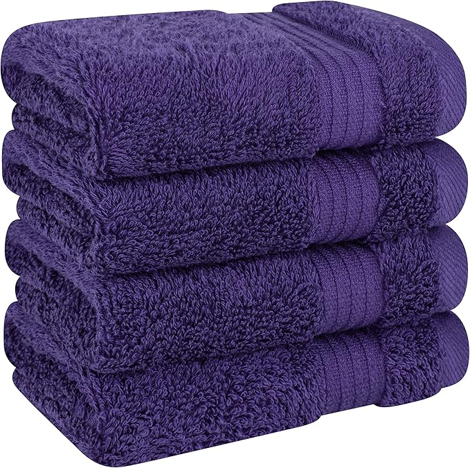 Cotton Paradise 100% Cotton Turkish Washcloth Set for Bathroom, 4 Piece Soft Absorbent Small Hand Face Towels Wash Rags, Purple