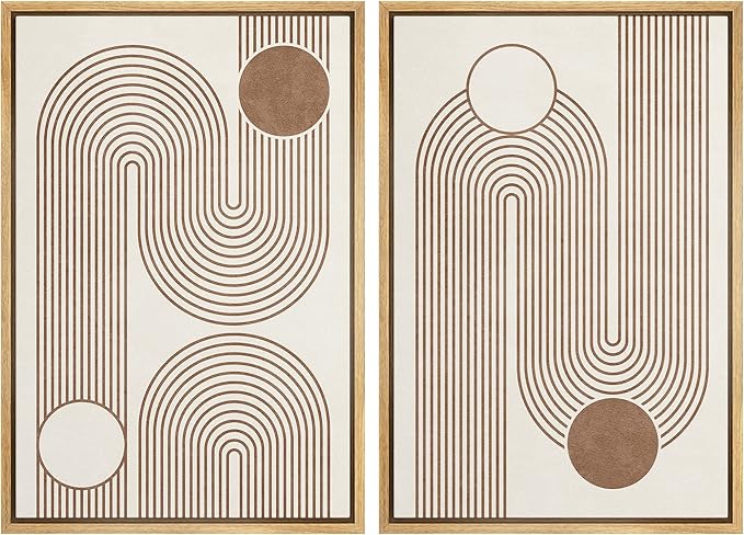 MUDECOR Framed Canvas Print Wall Art Set Geometric Mid-Century Circle Line Polygons Abstract Shapes Illustrations Modern Art Decorative Boho for Living Room, Bedroom, Office - 24"x36"x2 Natural
