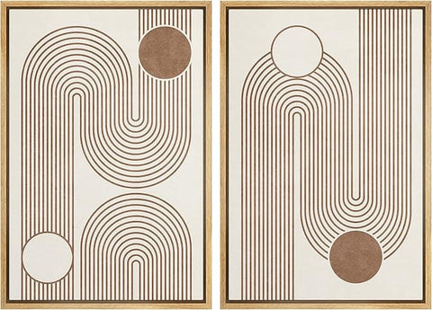 MUDECOR Framed Canvas Print Wall Art Set Geometric Mid-Century Circle Line Polygons Abstract Shapes Illustrations Modern Art Decorative Boho for Living Room, Bedroom, Office - 24"x36"x2 Natural
