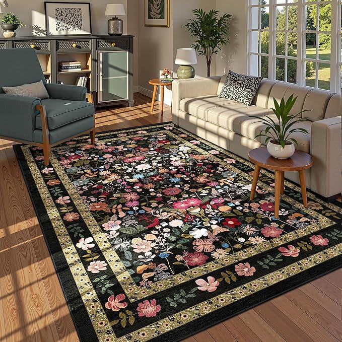 Deerly Living Room Rug 5x7 Rug Washable Vintage Boho Area Rug Non Slip Black Floral Soft Low Pile Thin Large Bedroom Floor Mat Indoor for Dining Room Playroom Nursery Farmhouse, Black/Multi