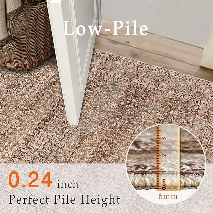 vivorug 5x7 Area Rugs - Ultra-Thin Washable Rug with Non-Slip Backing, Ideal for Living Room, Bedroom, Kitchen Floor Carpet - Vintage, Easy Clean, Durable, Sand/Antique