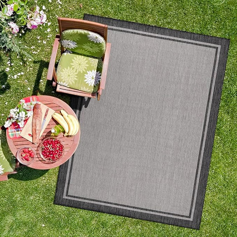 CAMILSON Indoor Outdoor Rug, 8x10 Bordered Gray Modern Area Rugs for Indoor and Outdoor Patios, Kitchen and Hallway Mats, Washable Porch Deck Outside Carpet (Bordered Grey, 8 x 10)