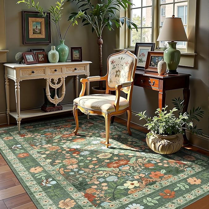 Green Floral Area Rugs 3x5 Small Thin Entryway Rug - Vintage Boho Washable Non-Slip Living Room Carpet Soft Low Pile Bedroom Floor Mat Indoor Home Decor for Dining Room Playroom Farmhouse, Green/Multi