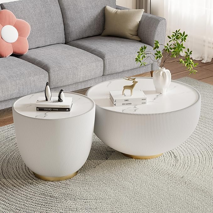 Round Coffee Table Set of 2, 2 Piece Luxury Cup Shape Leather End Tables Living Room Sets, Modern Circle Bedroom Side Sofa Tables Set of 2 with PU Leather for Living Room Bedroom