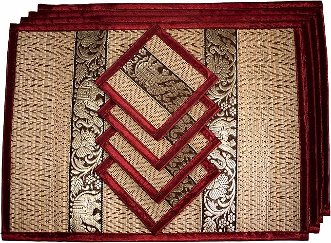 Hand-Woven Wicker Reed Placemats Coaster Set Eco-Friendly Alternative to Plastic Heat Resistant Thai Style Durable Easy to Clean for Dining Table Set of 4 (Medium, Burgundy)