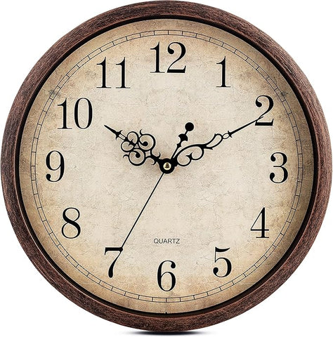 Bernhard Products Vintage Brown Wall Clock Silent Non Ticking 12 Inch Quality Quartz Battery Operated Round Decorative Easy to Read for Home Kitchen Living/Dining Room Bedroom Office Classroom School