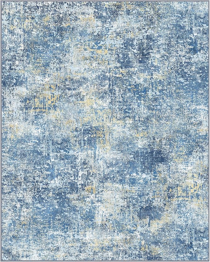 GENIMO Washable Area Rugs for Living Room Bedroom, 8X10 Modern Abstract Non Slip Rug, Low Pile Soft Contemporary Indoor Floor Carpet Cover for Dinning Room Kitchen, Denim Blue