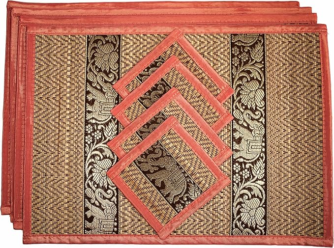 Hand-Woven Wicker Reed Placemats Coaster Set Eco-Friendly Alternative to Plastic Heat Resistant Thai Style Durable Easy to Clean for Dining Table Set of 4 (Medium, Light Pink)