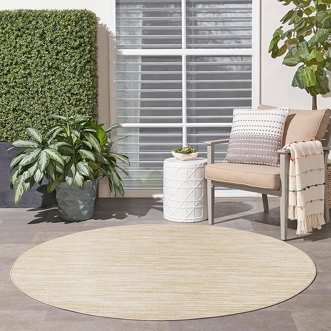 Nourison Home Essentials Indoor/Outdoor Ivory Gold 4' x Round Area Rug, Easy Cleaning, Non Shedding, Bed Room, Living Room, Dining Room, Backyard, Deck, Patio (4 Round)