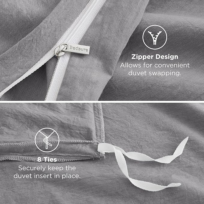 Bedsure 100% Washed Cotton Duvet Cover King Size - Gray Minimalist Cotton Duvet Cover Linen Like for All Seasons - GentleSoft™ Plain Simple Bedding, 3 Pieces (Gray, King, 104"x90")