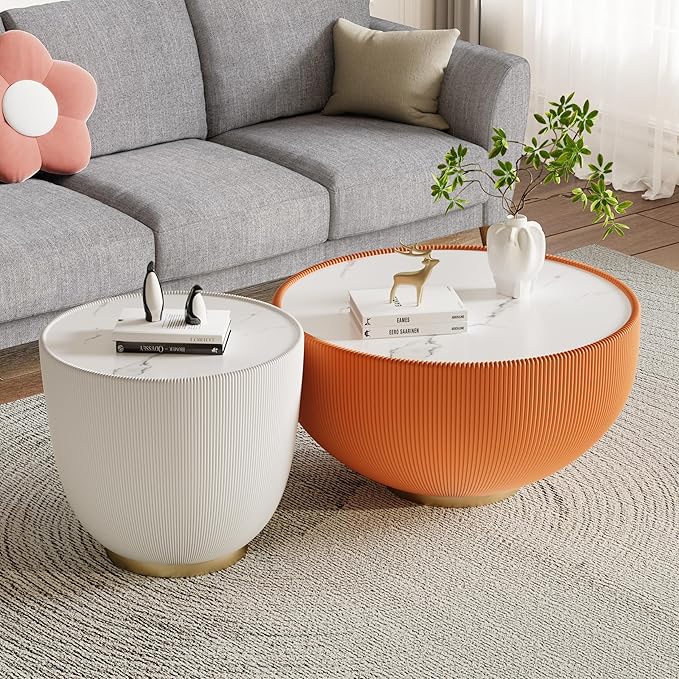Round Coffee Table Set of 2, 2 Piece Luxury Cup Shape Leather End Tables Living Room Sets, Modern Circle Bedroom Side Tables Set of 2 with PU Leather Sofa Sets for Living Room Bedroom