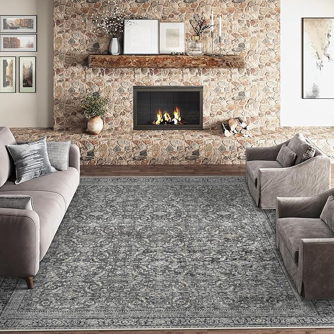 10x14 Washable Area Rug Black Vintage Distressed Living Room Bedroom Large Throw Rug Non Slip Low Pile Soft Accent Indoor Floor Carpet for Dining Room Office Entryway Kitchen