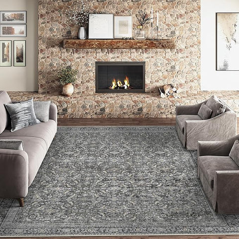 10x14 Washable Area Rug Black Vintage Distressed Living Room Bedroom Large Throw Rug Non Slip Low Pile Soft Accent Indoor Floor Carpet for Dining Room Office Entryway Kitchen