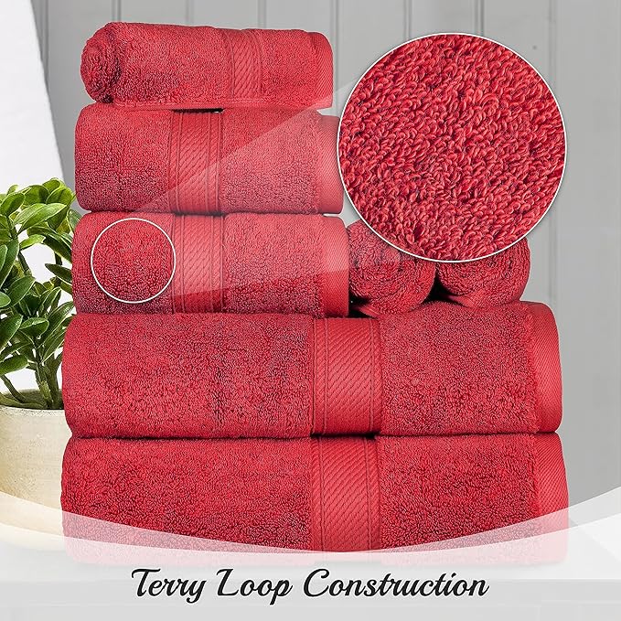 BNM Egyptian Cotton Heavyweight Towels, Ideal For Bathroom, Shower, Spa, Hotel, 800 GSM, Face/ Washcloths, Hand Towels, Bath Towels, Highly-Absorbent, Luxury Home Basics, 9 Piece Towel Set, Red