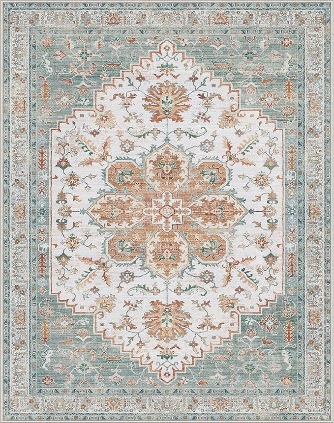 GENIMO 8X10 Area Rugs for Living Room, Machine Washable Vintage Floor Cover Foldable Modern Non Slip Rug, Low Pile Soft Indoor Carpet Floral Print Mat Rug,Bedroom/Dining Room/Home Office,Mint Green
