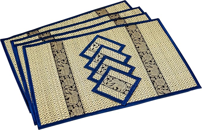 Hand-Woven Wicker Reed Placemats Coaster Set Eco-Friendly Heat Resistant Thai Style Durable Easy to Clean for Dining Table Set of 4 (Large, Navy Blue)