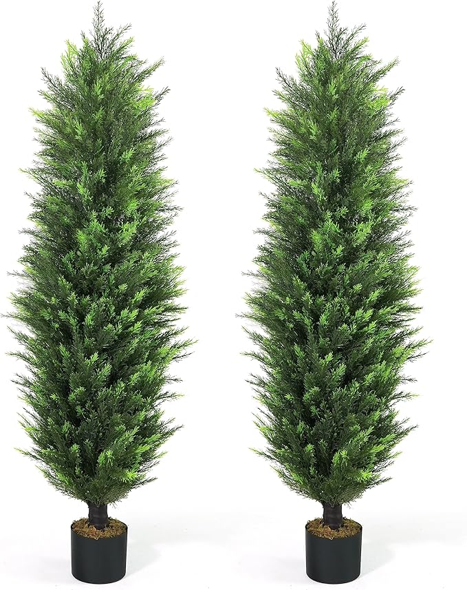 CAPHAUS 5 FT Artificial Cedar Tree Set of 2-60 Inch UV Resistant Faux Topiary Trees with Dried Moss for Indoor/Outdoor | Porch, Patio & Garden Decor