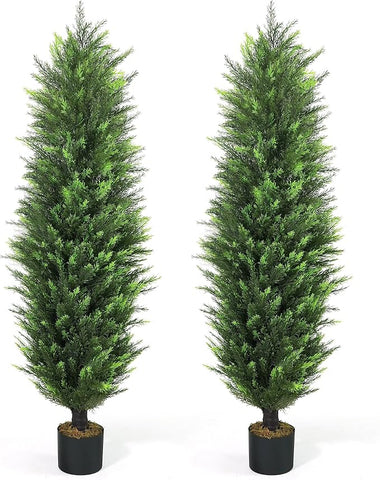 CAPHAUS 5 FT Artificial Cedar Tree Set of 2-60 Inch UV Resistant Faux Topiary Trees with Dried Moss for Indoor/Outdoor | Porch, Patio & Garden Decor
