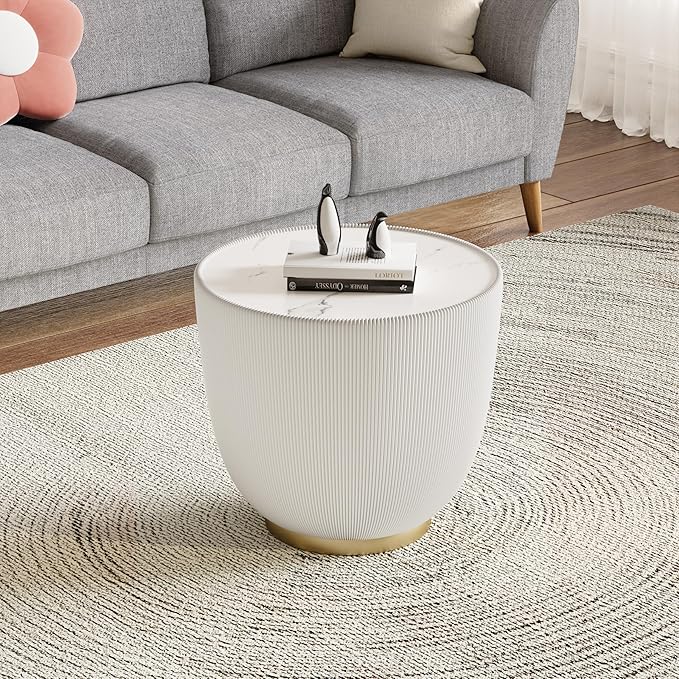 19.7" Round End Table Luxury Cup Shape Leather Sofa Beside Tables, Circle Sofa Couch Table PU Leather, Modern White Marble Top Drum Bowl Living Room Tables for Living Room Bedroom Apartment