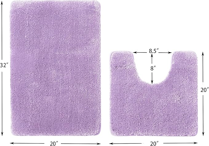 Bathroom Rug Set 2Piece, Thick &Soft Microfiber Shaggy, U Shaped Contour, Machine Washable Bath Mats, Absorbent Bath Rugs, Non-Slip Rubber Backing Bath Mat for Bathroom Floor,Tub and Shower,Lavender