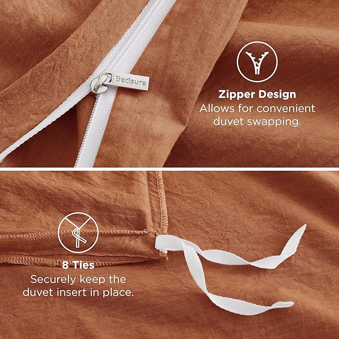 Bedsure 100% Washed Cotton Duvet Cover Queen Size - Burnt Orange Minimalist Duvet Cover Linen Like for All Seasons - GentleSoft™ Plain Simple Bedding, 3 Pieces (Burnt Orange, Queen, 90"x90")