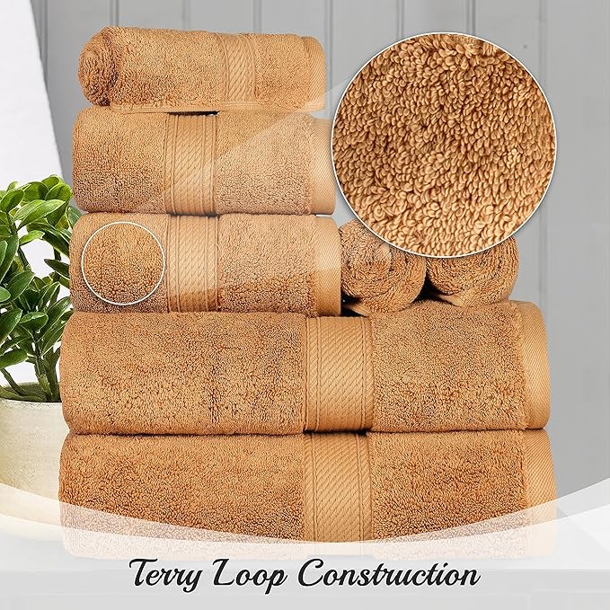 BNM Egyptian Cotton Heavyweight Towels, Ideal For Bathroom, Shower, Spa, Hotel, 800 GSM, Face/ Washcloths, Hand Towels, Bath Towels, Highly-Absorbent, Luxury Basics, 9 Piece Towel Set, Orange Rust