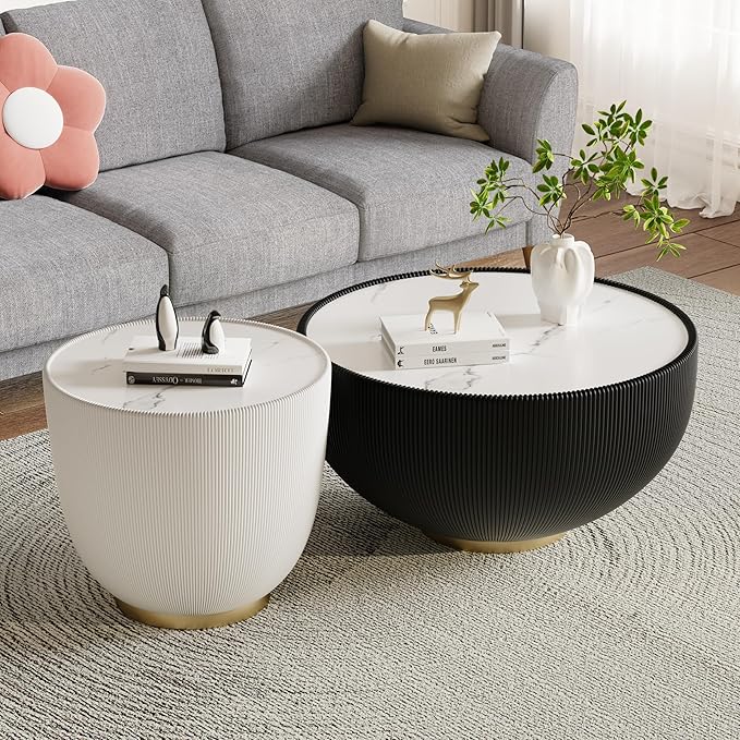 Round Coffee Table Set of 2, 2 Piece Luxury Cup Shape Leather End Tables Living Room Sets, Modern Circle Bedroom Side Sofa Tables Set of 2 with PU Leather for Living Room Bedroom