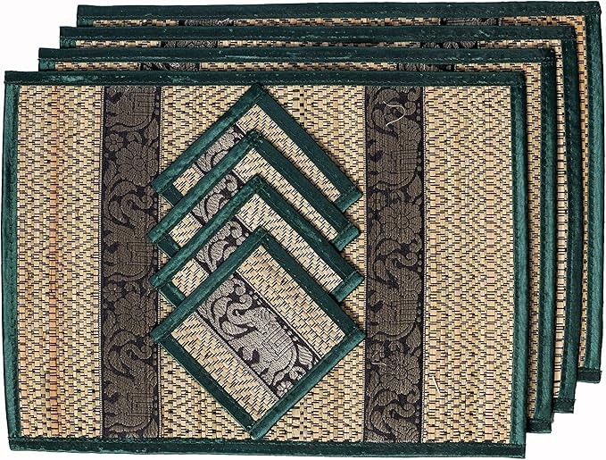 Hand-Woven Wicker Reed Placemats Coaster Set Eco-Friendly Alternative to Plastic Heat Resistant Thai Style Durable Easy to Clean for Dining Table Set of 4 (Medium, Dark Green)