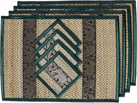 Hand-Woven Wicker Reed Placemats Coaster Set Eco-Friendly Alternative to Plastic Heat Resistant Thai Style Durable Easy to Clean for Dining Table Set of 4 (Medium, Dark Green)