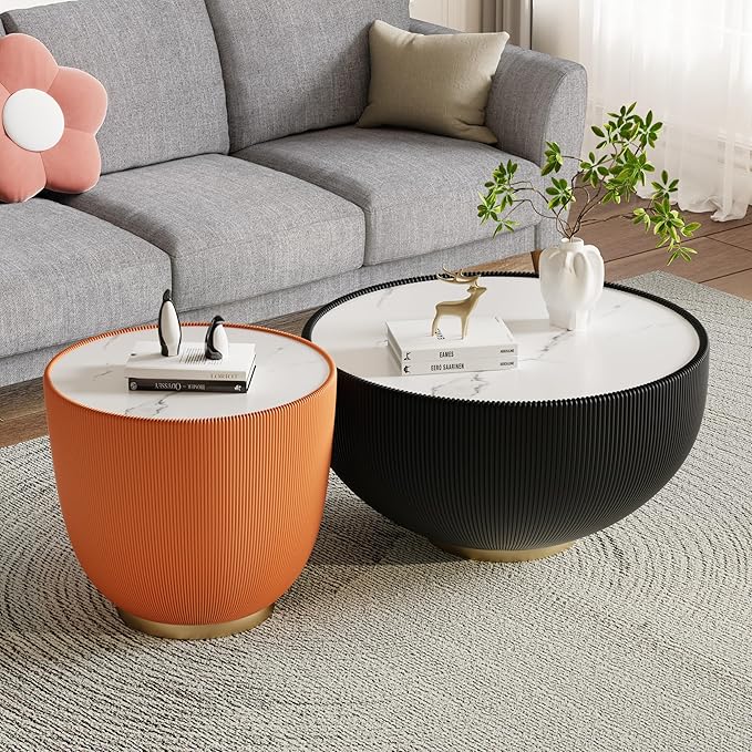 Round Coffee Table Set of 2, 2 Piece Luxury Cup Shape Leather End Tables Living Room Sets, Modern Circle Bedroom Side Tables Set of 2 with PU Leather Sofa Sets for Living Room Bedroom