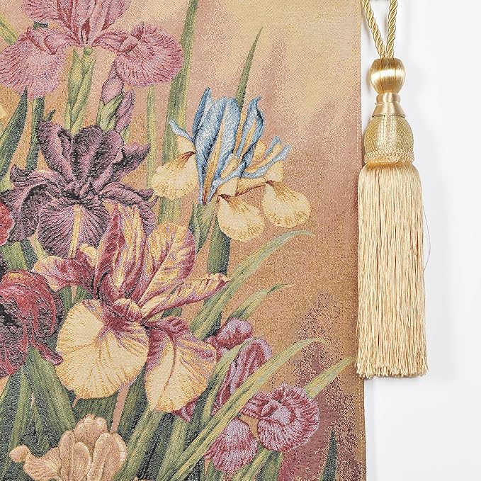 AureoMadis Vintage Floral Tapestry Wall Hanging Set with Telescopic Rod & Tassels - Jacquard Woven Fabric Aesthetic Flower Wall Tapestries for Bedroom/Living Room Decor Spring Botanical Art (27"x42")