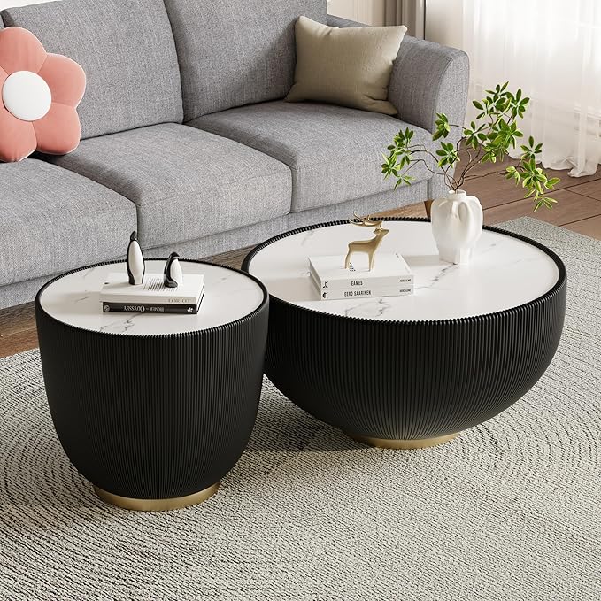 Round Coffee Table Set of 2, 2 Piece Luxury Cup Shape Leather End Tables Living Room Sets, Modern Circle Bedroom Side Sofa Tables Set of 2 with PU Leather for Living Room Bedroom