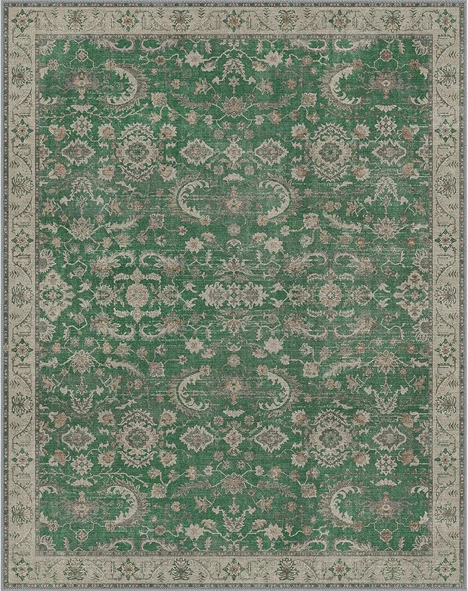 GENIMO Washable Area Rugs for Living Room Bedroom, 8x10 Boho Vintage Non Slip Rug, Low Pile Soft Floral Indoor Floor Carpet Cover for Dining Room Kitchen, Khaki Green
