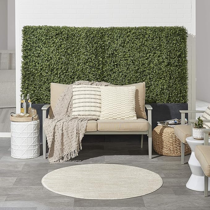 Nourison Essentials Indoor/Outdoor Ivory Beige 4' x Round Area Rug, Easy Cleaning, Non Shedding, Bed Room, Living Room, Dining Room, Backyard, Deck, Patio (4 Round)