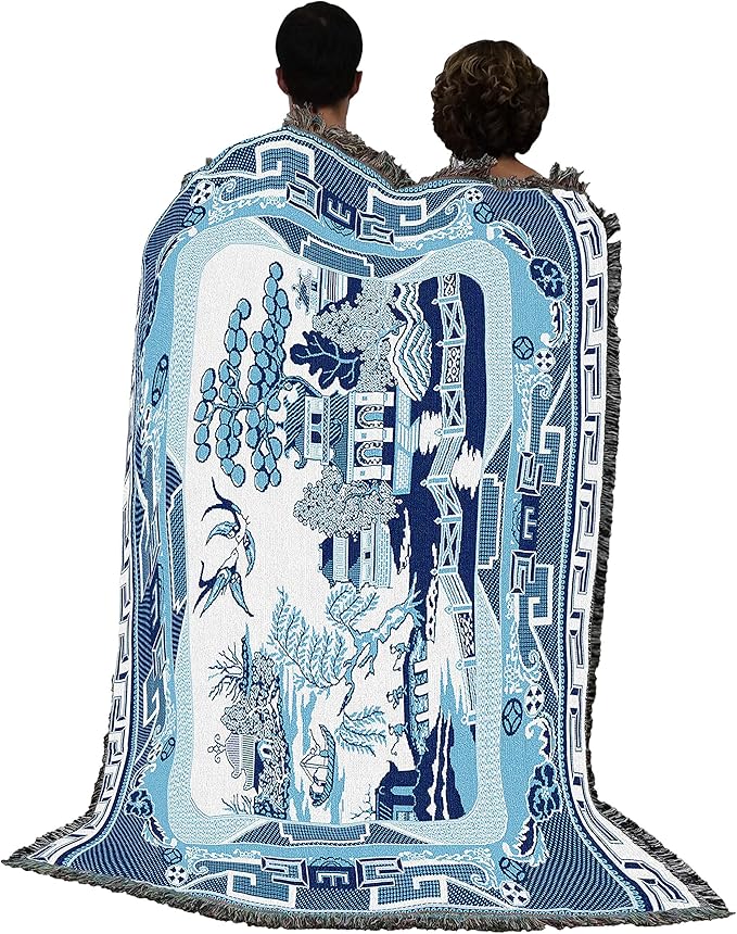 Pure Country Weavers Blue Willow Blanket - Asian Gift Tapestry Throw Woven from Cotton - Made in The USA (72x54)