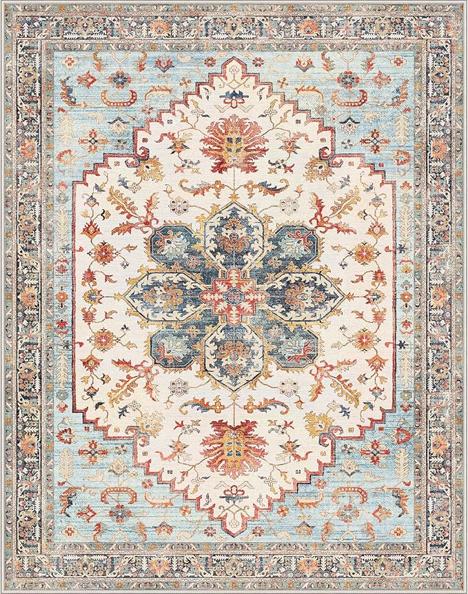 GENIMO 8X10 Area Rugs for Living Room, Machine Washable Vintage Floor Cover Foldable Modern Non Slip Rug, Low Pile Soft Indoor Carpet Floral Print Mat Rug,Bedroom/Dining Room/Home Office,Sky Blue