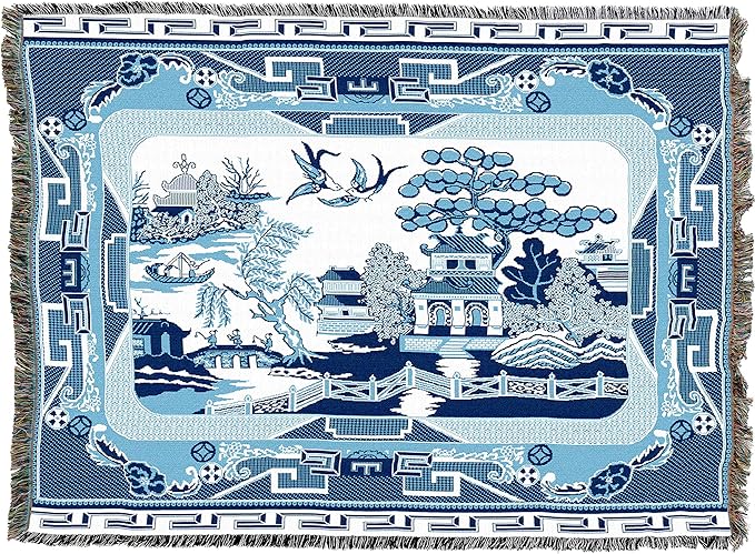 Pure Country Weavers Blue Willow Blanket XL - Asian Gift Tapestry Throw Woven from Cotton - Made in The USA (82x62)