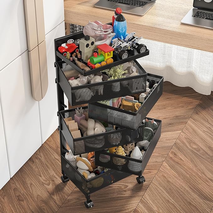 Rolling Rotating Storage Cart No Assembly Required，Bathroom Shelf Fruit and Vegetable Basket for Kitchen,Storage Drawer Organizer Cart ，Metal Utility cart on Wheels(Black, 5 Tier-Square)
