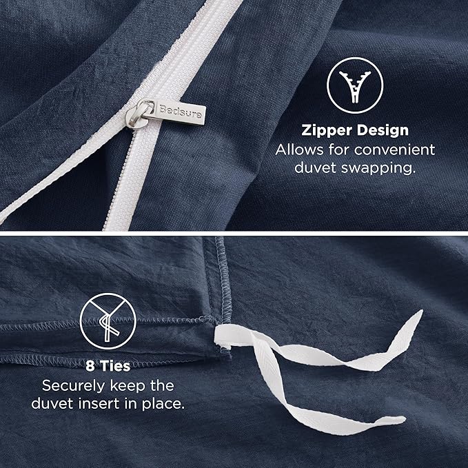 Bedsure 100% Washed Cotton Duvet Cover Queen Size - Navy Minimalist Cotton Duvet Cover Linen Like for All Seasons - GentleSoft™ Plain Simple Bedding, 3 Pieces (Navy, Queen, 90"x90")