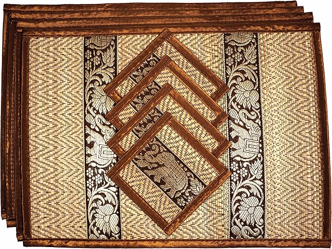 Hand-Woven Wicker Reed Placemats Coaster Set Eco-Friendly Alternative to Plastic Heat Resistant Thai Style Durable Easy to Clean for Dining Table Set of 4 (Medium, Dark Gold)
