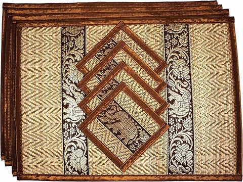 Hand-Woven Wicker Reed Placemats Coaster Set Eco-Friendly Alternative to Plastic Heat Resistant Thai Style Durable Easy to Clean for Dining Table Set of 4 (Medium, Dark Gold)