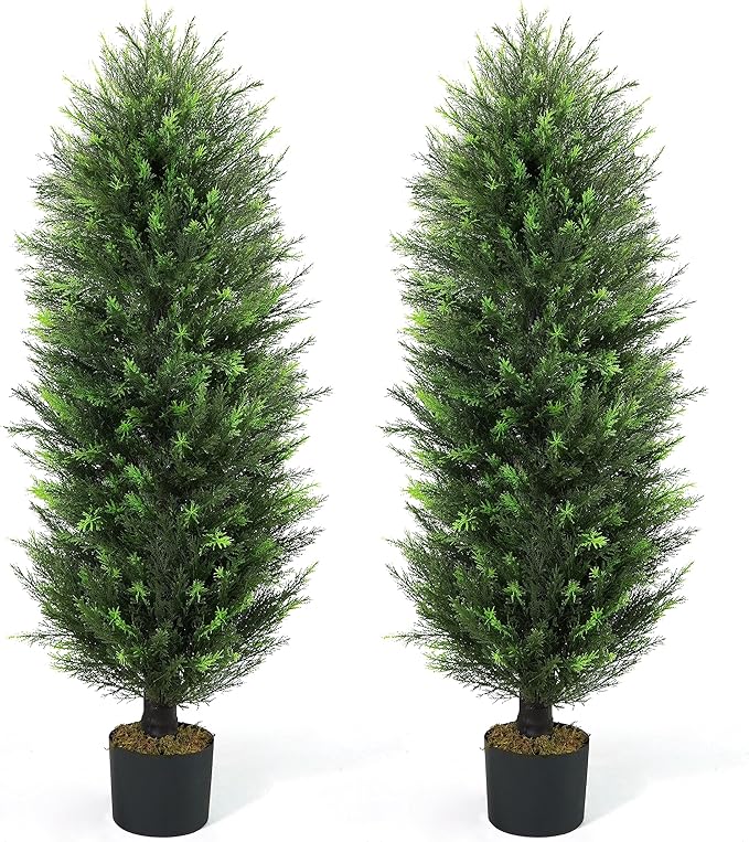 CAPHAUS 4 FT Artificial Cedar Tree Set of 2-48 Inch UV Resistant Faux Topiary Trees with Dried Moss for Indoor/Outdoor | Porch, Patio & Garden Decor