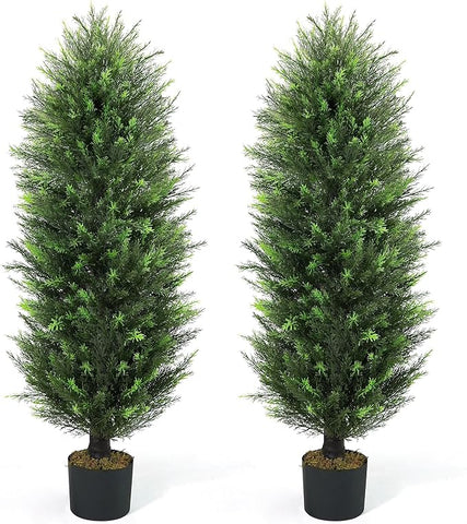 CAPHAUS 4 FT Artificial Cedar Tree Set of 2-48 Inch UV Resistant Faux Topiary Trees with Dried Moss for Indoor/Outdoor | Porch, Patio & Garden Decor