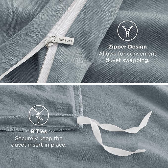 Bedsure 100% Washed Cotton Duvet Cover Queen Size - Dusty Blue Minimalist Cotton Bedding Linen Like for All Seasons - GentleSoft™ Plain Simple Duvet Cover, 3 Pieces (Dusty Blue, Queen, 90"x90")