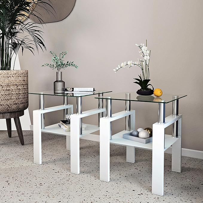 IANIYA 2PCS Modern Glass End Table, 2-Tier Side Table with Tempered Glass Top & Metal Legs, Night Stand Corner Table for Living Room, Bedroom, White