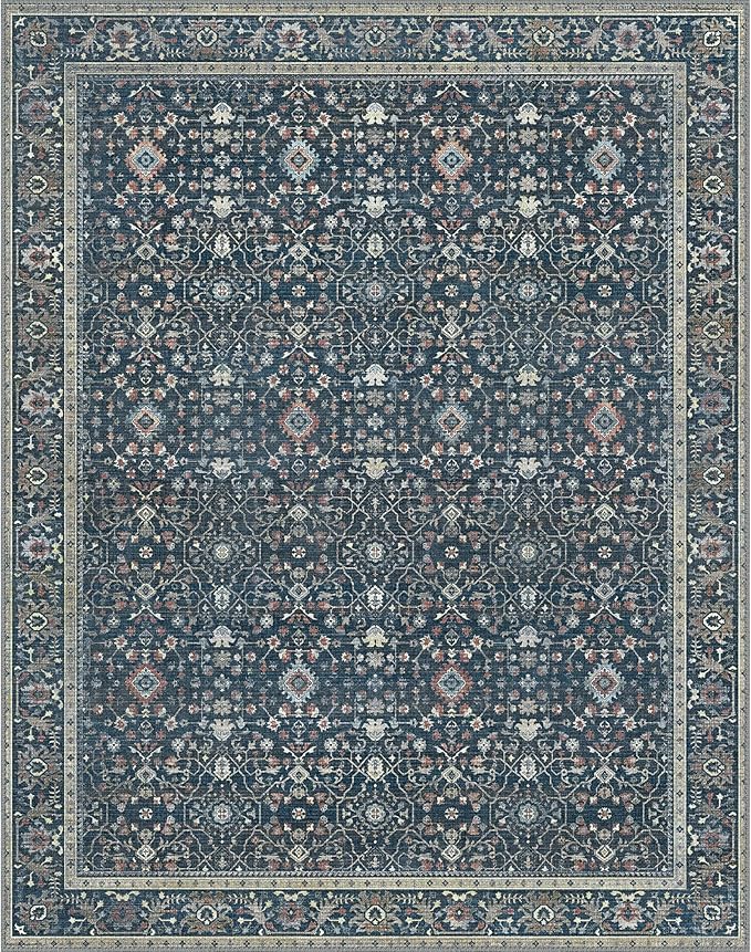 GENIMO Washable Area Rugs for Living Room Bedroom, 5x7 Boho Vintage Non Slip Rug, Low Pile Soft Floral Indoor Floor Carpet Cover for Dining Room Kitchen, Retro Dark Blue