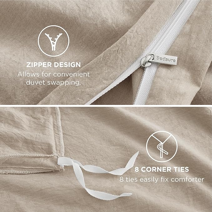 Bedsure 100% Washed Cotton Duvet Cover Oversized King - Greige Minimalist Cotton Duvet Cover Linen Like for All Seasons - GentleSoft™ Plain Simple Bedding, 3 Pieces (Greige, Oversized King, 120"x98")