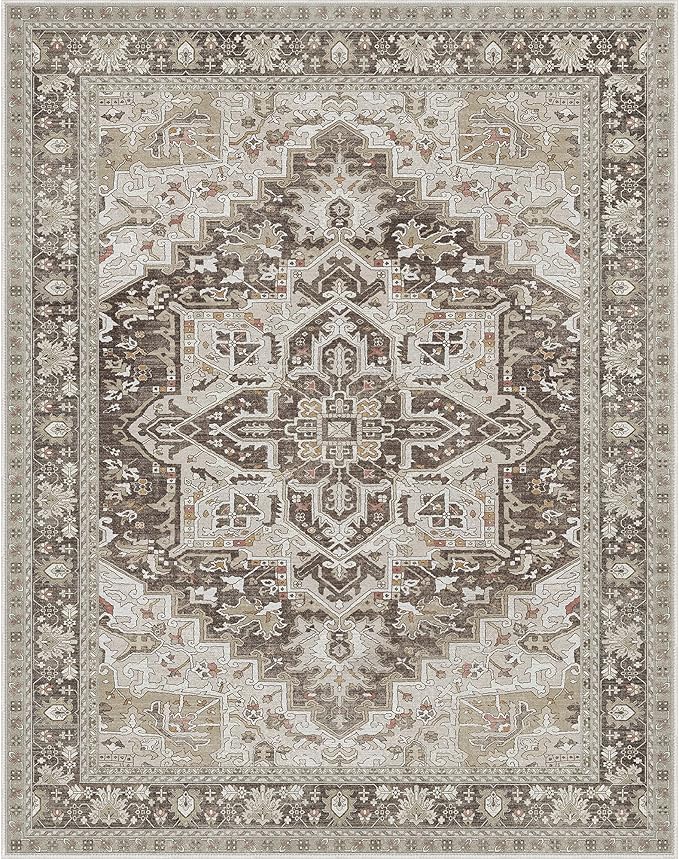 GENIMO 8X10 Area Rugs for Living Room, Machine Washable Vintage Floor Cover Foldable Modern Non Slip Rug, Low Pile Soft Indoor Carpet Floral Print Mat Rug,Bedroom/Dining Room/Home Office,Taupe