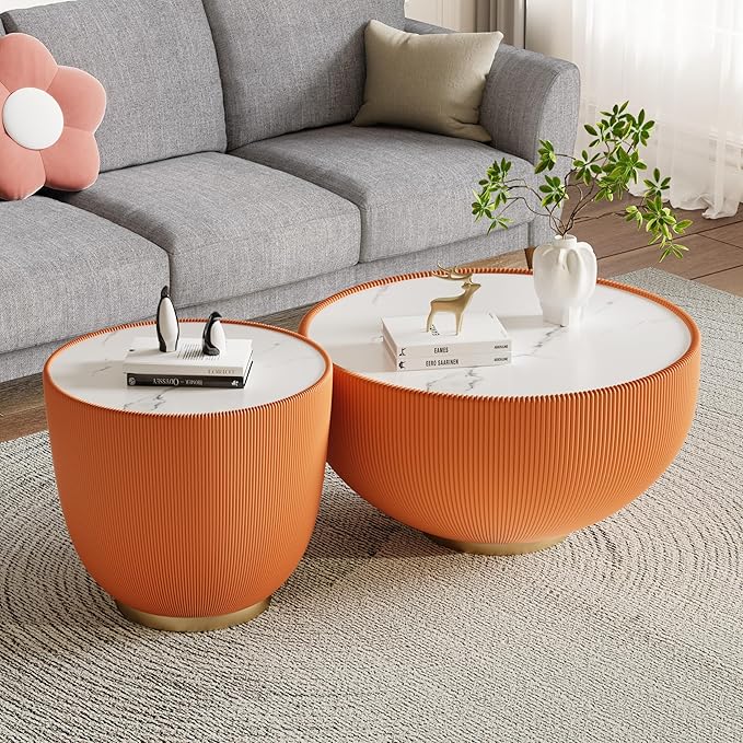 Round Coffee Table Set of 2, 2 Piece Luxury Cup Shape Leather End Tables Living Room Sets, Modern Circle Bedroom Side Sofa Tables Set of 2 with PU Leather for Living Room Bedroom