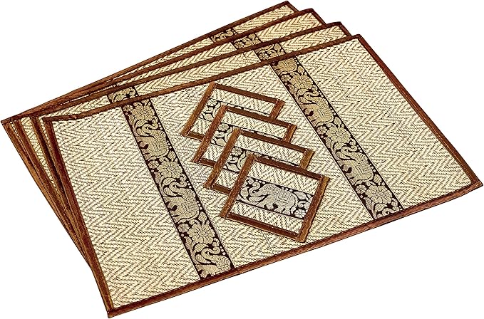 Hand-Woven Wicker Reed Placemats Coaster Set Eco-Friendly Alternative to Plastic Heat Resistant Thai Style Durable Easy to Clean for Dining Table Set of 4 (Large, Dark Gold)